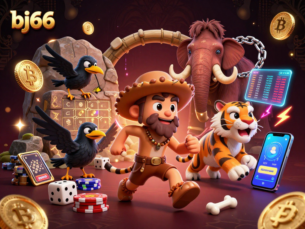 Experience dynamic gameplay at bj66 with prehistoric casino characters amidst glowing crypto elements.