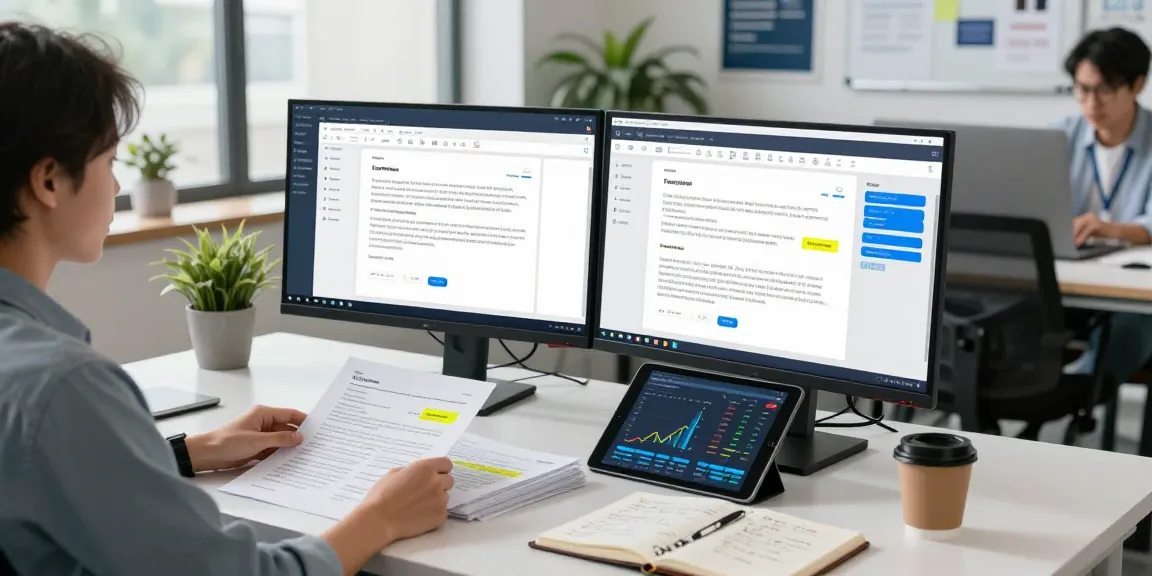 Data analyst verifying PDFs to detect fraud in pdf with advanced AI technology in a modern office setting.