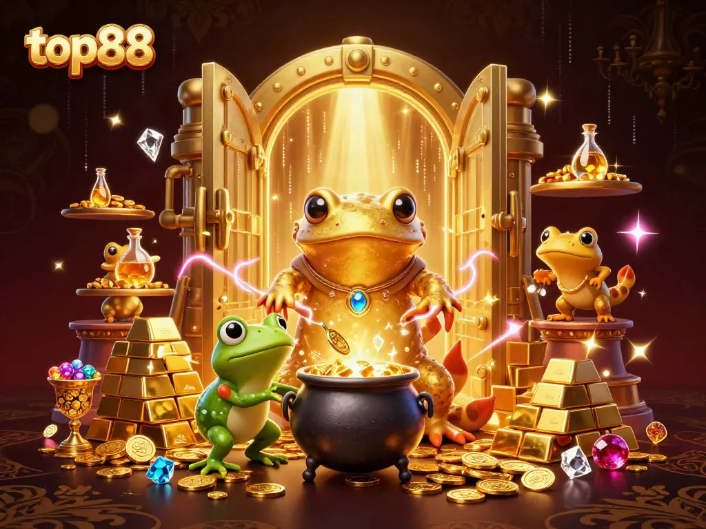 Experience the thrilling world of top88 with golden coins and magical creatures in a vibrant casino setting.