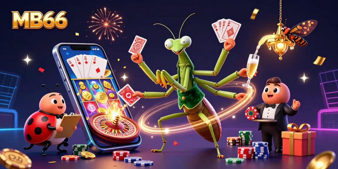 Experience thrilling gameplay at MB66 with a lively casino scene featuring colorful slots and fun characters.
