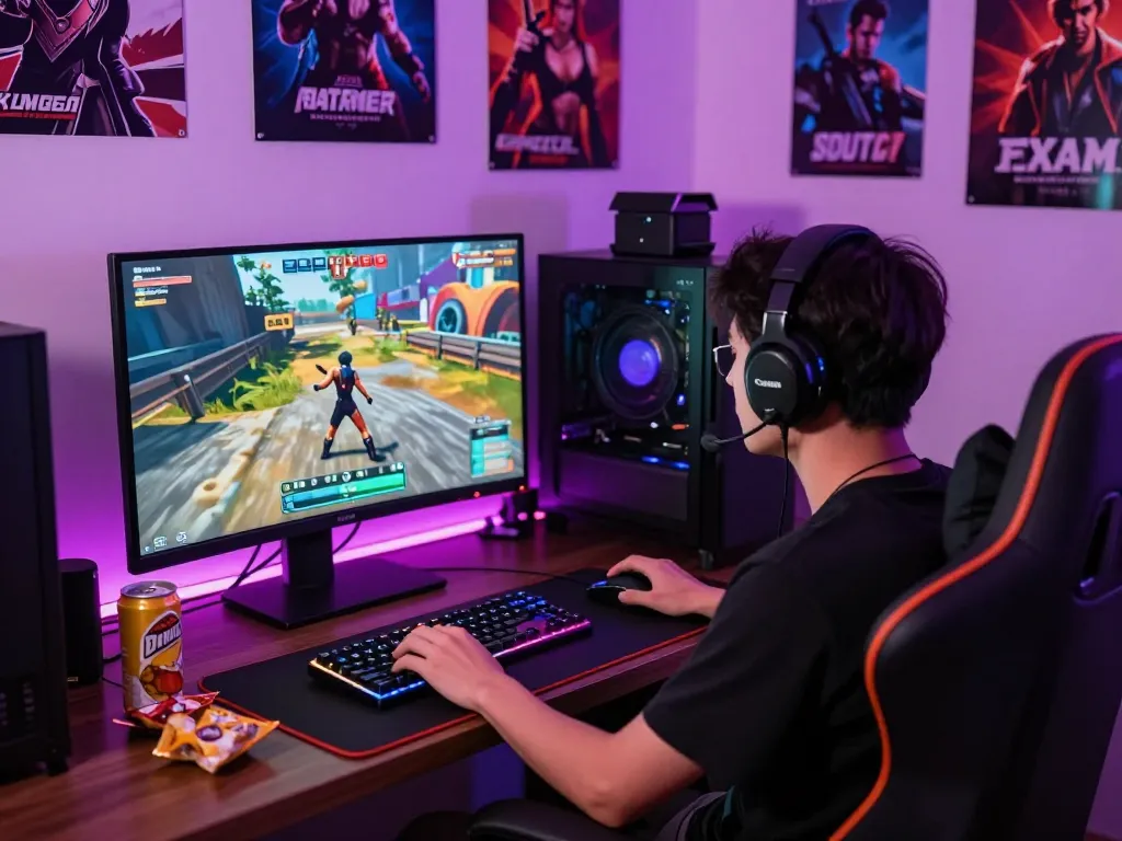 Engaged gamer playing real porn games on high-spec setup