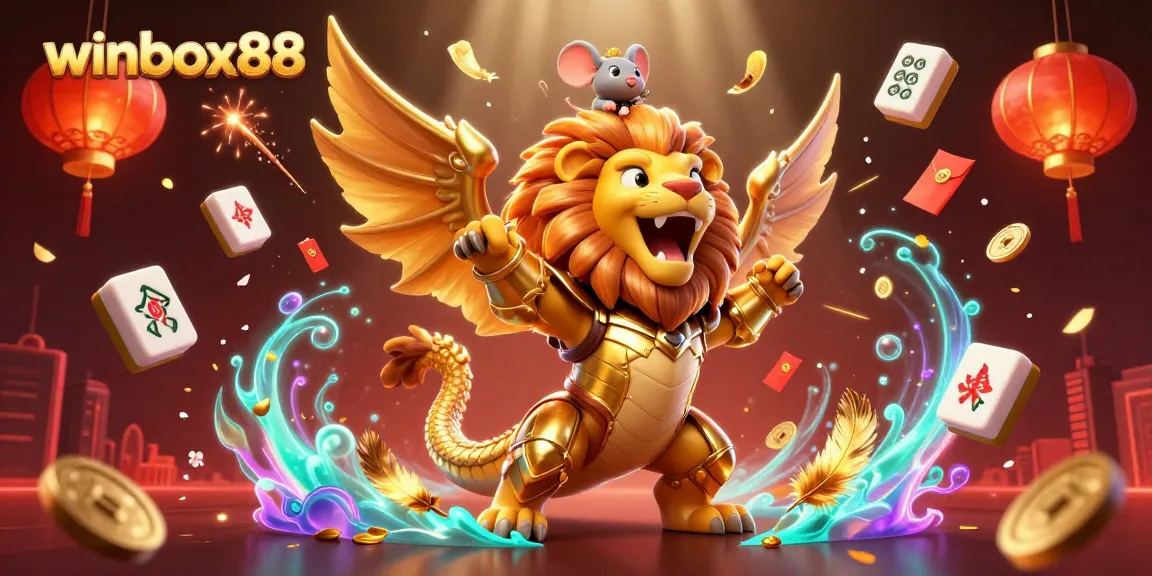 Winbox88 showcases a triumphant chimera creature in a vibrant casino scene filled with gold elements.