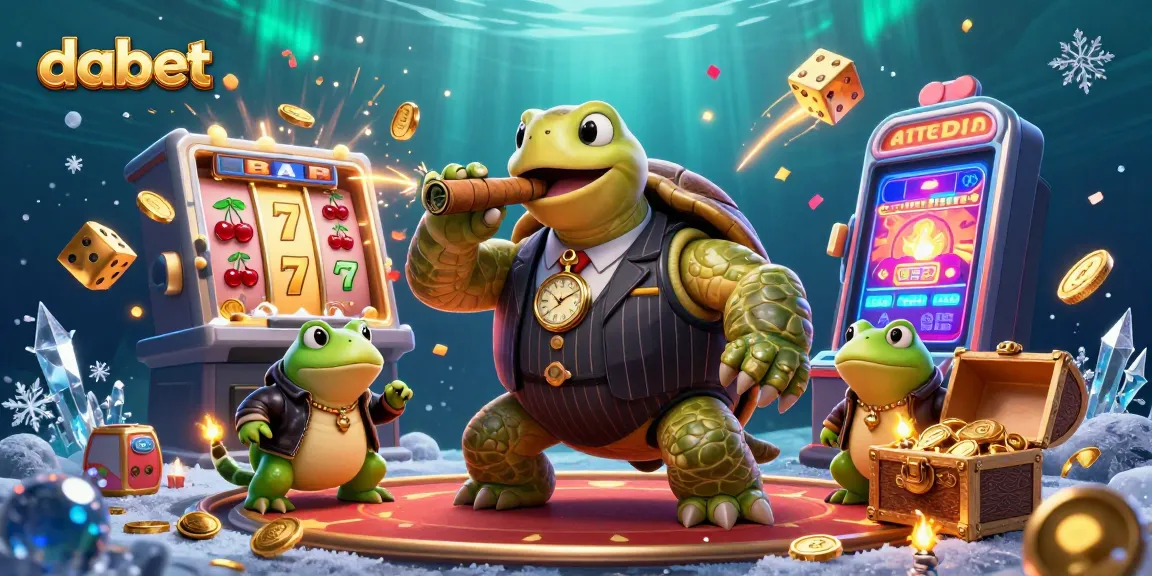 Dabet-themed illustration showcasing a turtle mobster amidst a jackpot explosion, perfect for gaming excitement.