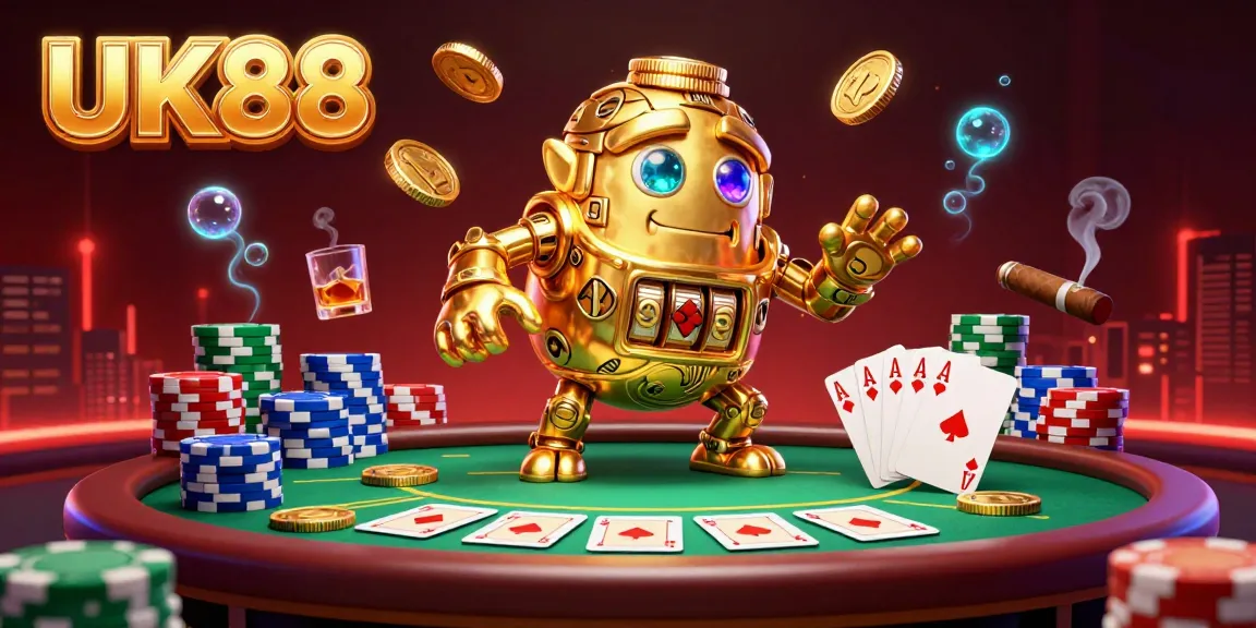 Immerse in the dynamic world of UK88 with vibrant poker elements and a wealth-themed golem engaging in action.