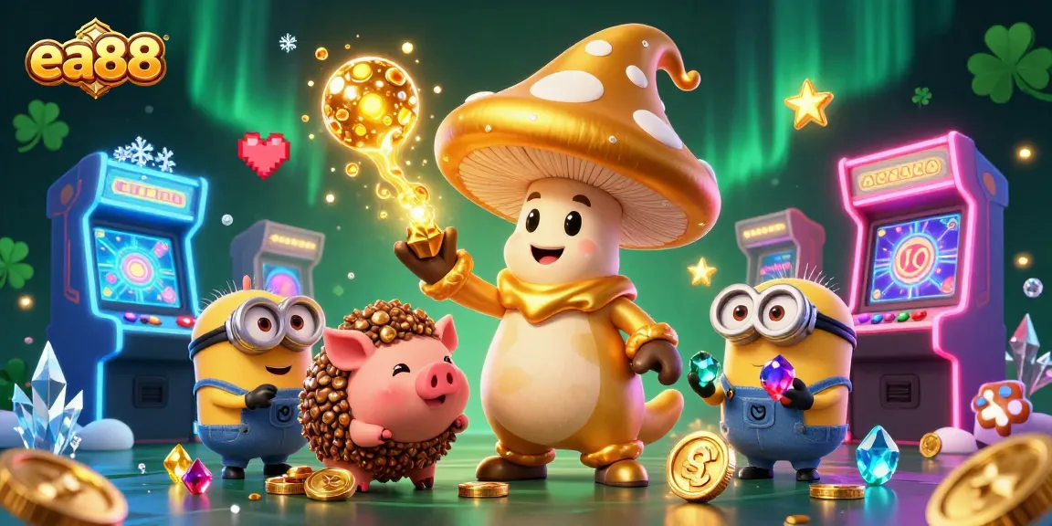 ea88 wizard and friends transforming treasures in a vibrant 3D casino scene filled with arcade excitement.