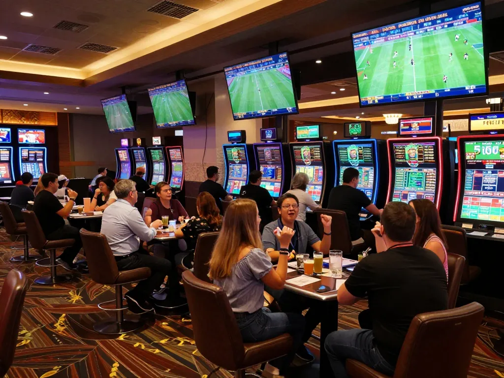 Excited patrons interacting with keo nha cai 5 sports betting on multiple screens in a lively casino lounge.