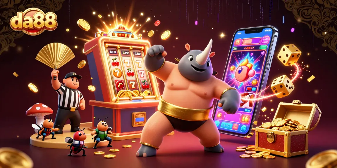 Experience the thrill with da88 as a rhinoceros beetle champion celebrates a jackpot explosion in a vivid casino scene.