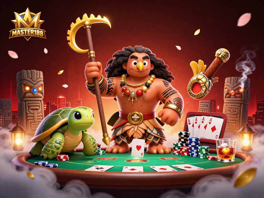 Engage in poker action with MASTER188 featuring a hawk demigod and vibrant casino elements.
