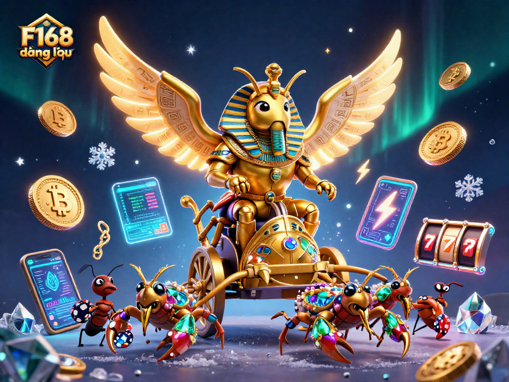 Engage with the thrilling world of F168 đăng nhập, featuring a golden scarab beetle in a vibrant casino scene.
