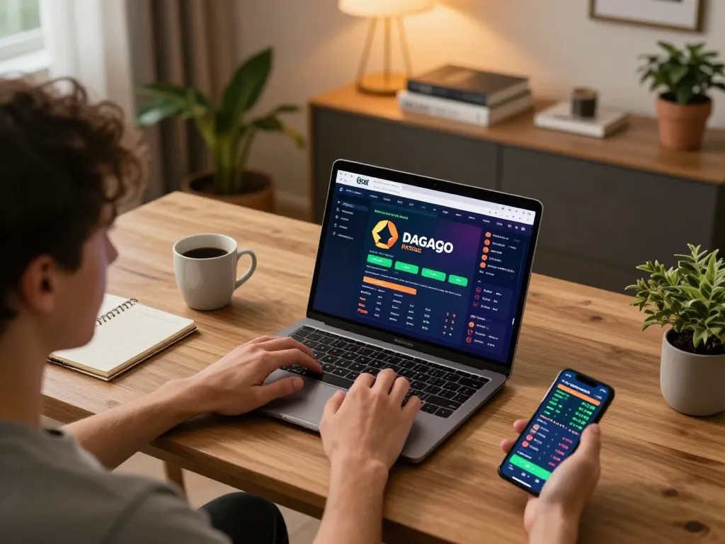 Person engaging with the dagago online betting platform on a modern laptop in a cozy home office setup