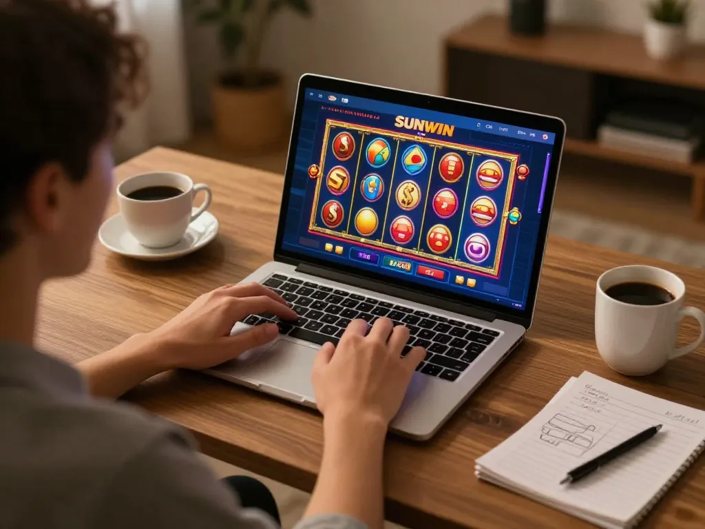 SUNWIN player engaging in strategic online gaming with vibrant slot interface on laptop