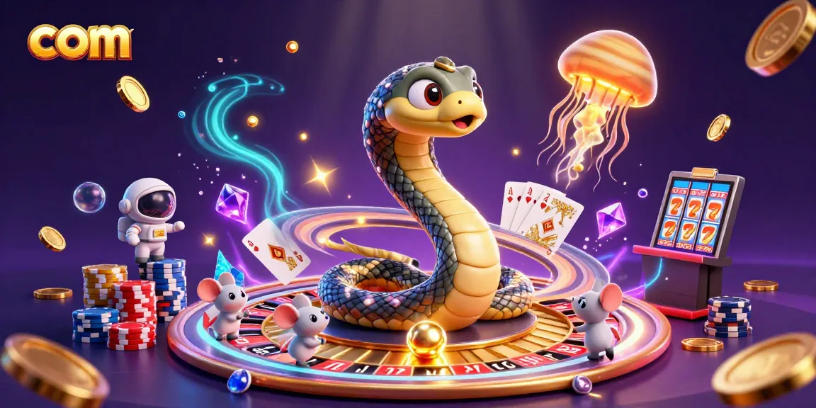 Play exciting casino games with com in a vibrant 3D cosmic scene featuring roulette and card action.