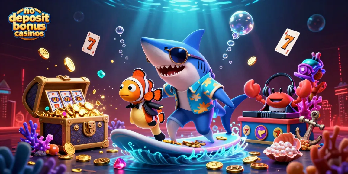 Surf the waves of gold coins at no deposit bonus casinos with an adventurous shark, clownfish, and crab DJ!