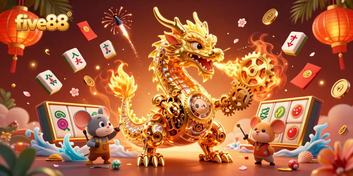 Engage with five88’s vibrant gaming scene featuring a biomechanical dragon and festive elements.