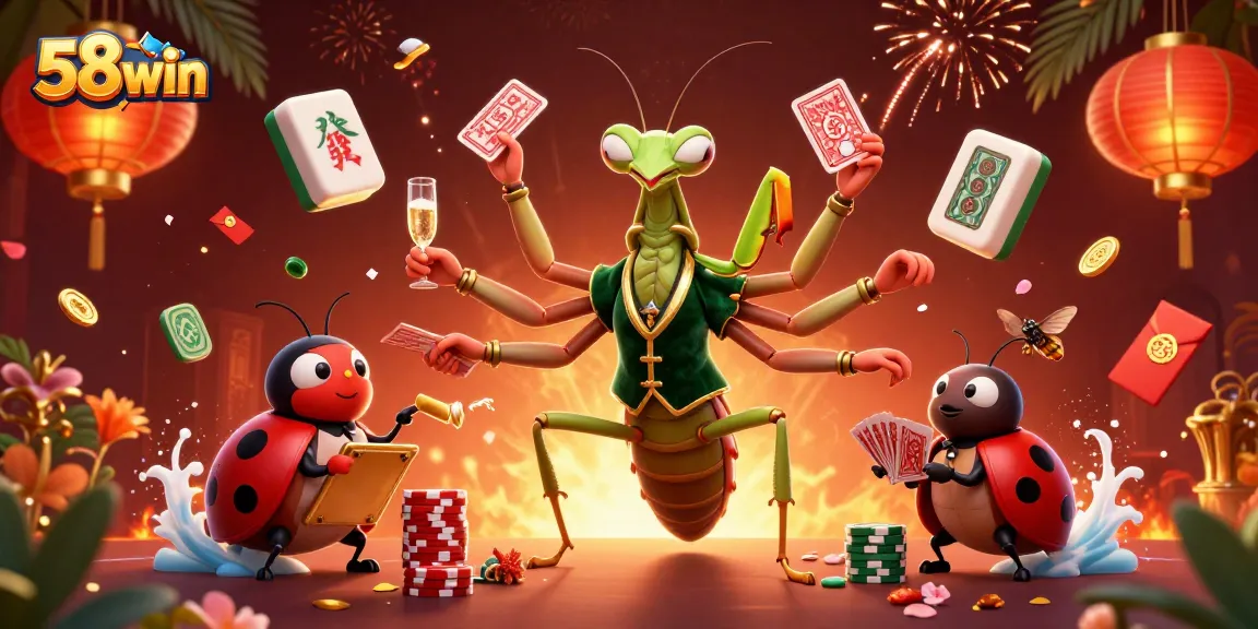 Experience thrilling gameplay at 58win with vibrant casino elements in a lively 3D illustration.
