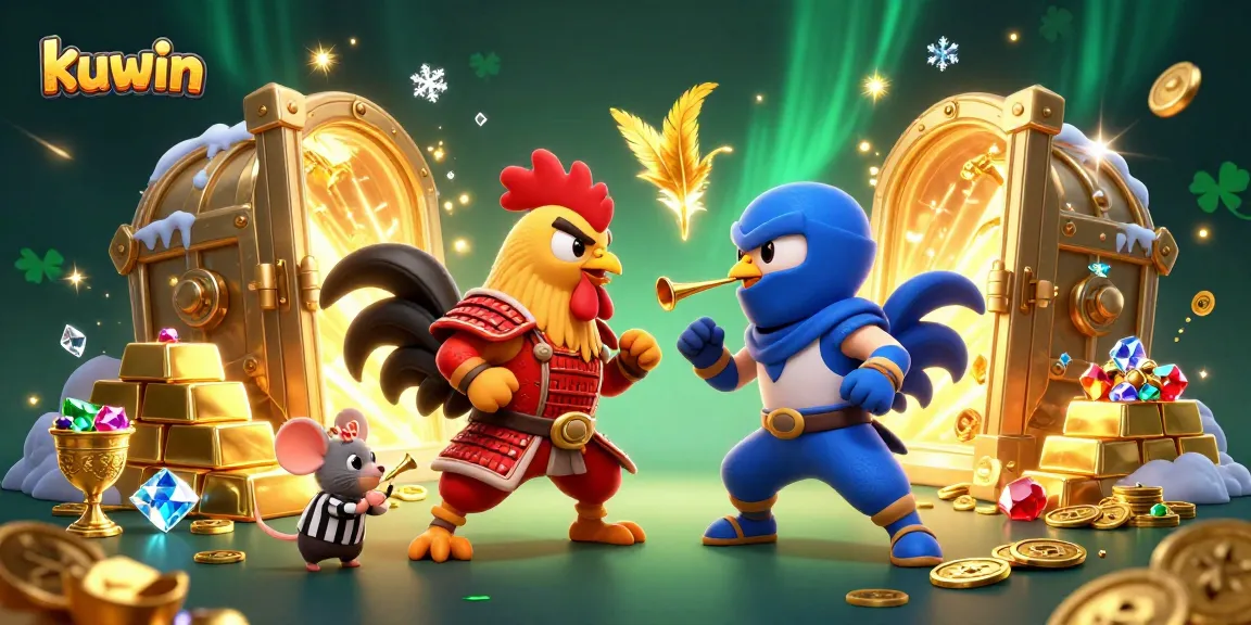 Kuwin players experience thrilling standoff with cartoon roosters in samurai and ninja gear amidst a treasure-filled scene.