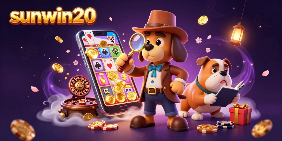 Win exciting rewards with sunwin20 in a vibrant casino scene featuring a detective examining chips and games.