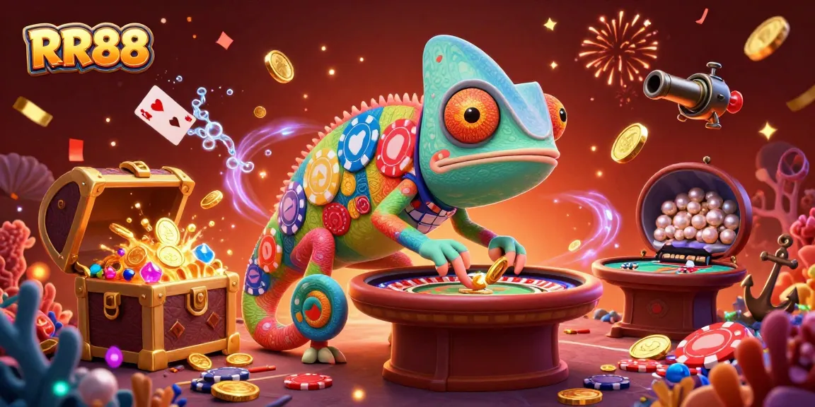 Experience the vibrant casino world of RR88 with our chameleon character and a dynamic game scene.
