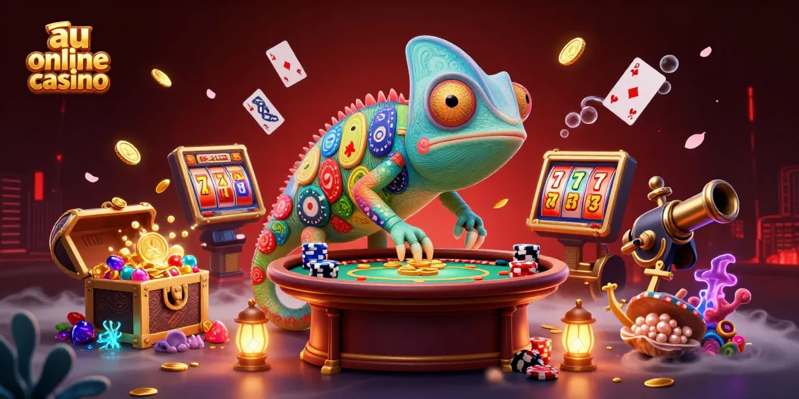 Engage with the vibrant world of an au online casino with a chameleon owner amidst slot reels and treasure!