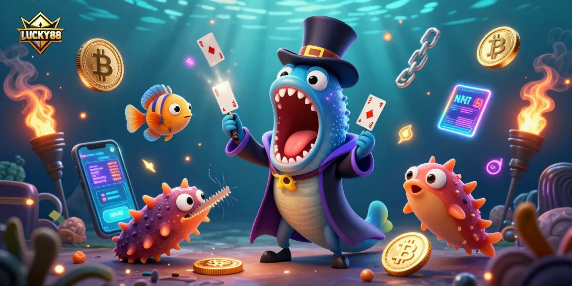 LUCKY88 engages players with vibrant 3D illustration of deep-sea characters in a magical casino setting.