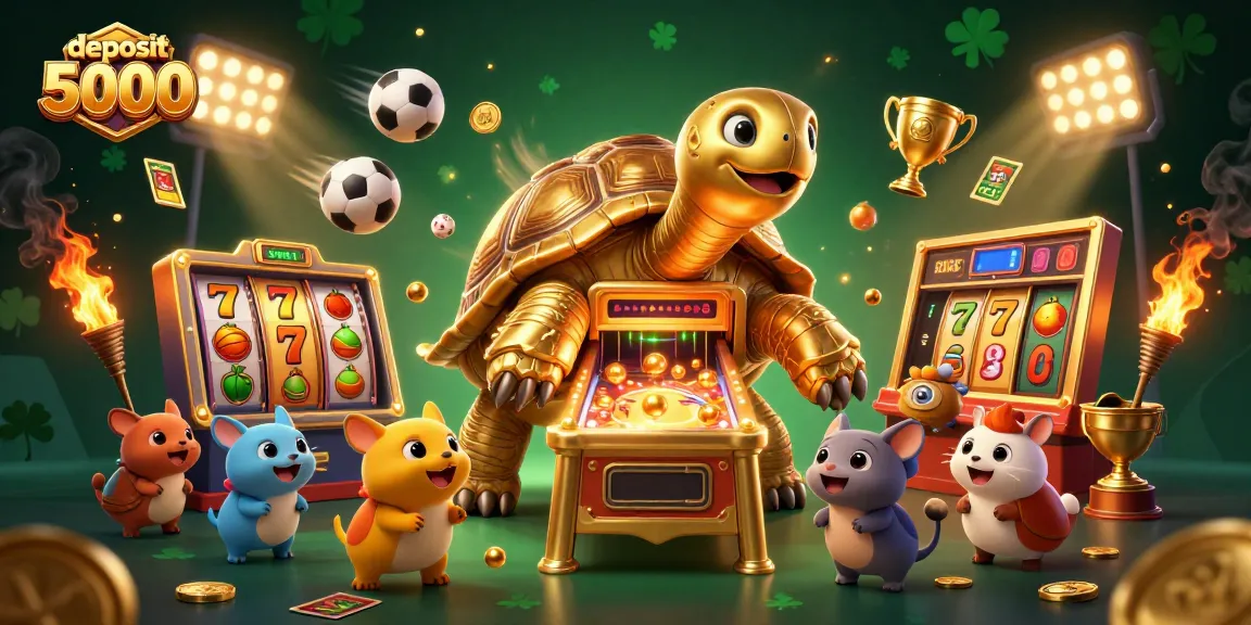 A vibrant scene with a colossal tortoise pinball machine inviting players to try deposit 5000 slots, surrounded by golden coins and dynamic sports elements.