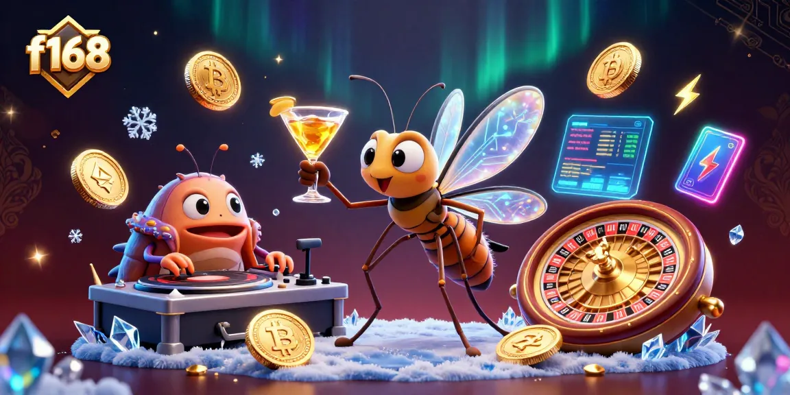 Engage with f168's vibrant casino experience featuring a lively 3D scene with unique characters and golden elements.